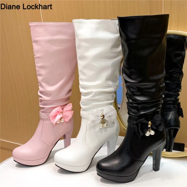 Botas 2023 Autumn Winter Zipper Knee Boots High Women Moda Moda Pink Stiletto Botas Long Boots Long Woman Platform Boats Mujer 3243