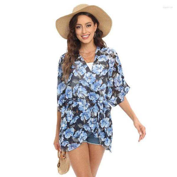 Blusas femininas verão maiô para mulheres vintage floral chiffon camisas casual protetor solar blusa solta xale quimono cardigan boho topos