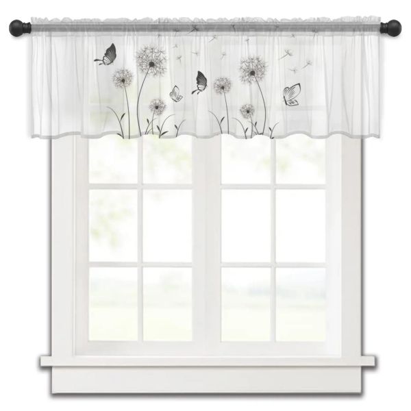 Vorhänge Löwenzahn Schmetterling Schwarz Weiß Kurze Tüllvorhänge Schlafzimmer Voile Durchsichtiger halber Vorhang für Fenster Küchenschrank Kleine Vorhänge