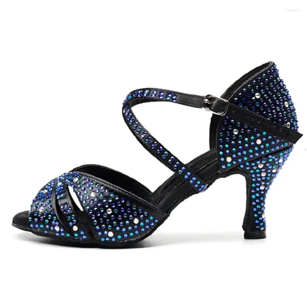 Sapatos de dança azul strass salão de baile sandálias latinas mulheres salsa valsa balanço rumba preto cetim salto múltiplo altura als047