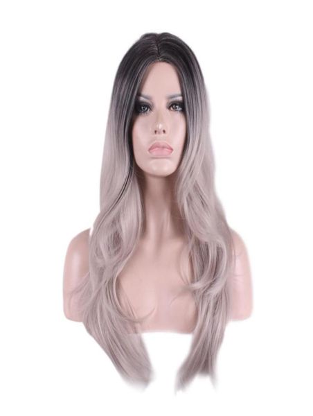 Woodfestival ombre cinza peruca resistência ao calor feminino festa peruca encaracolado perucas sintéticas para mulheres cosplay longo cinza preto fibra de cabelo não7818425