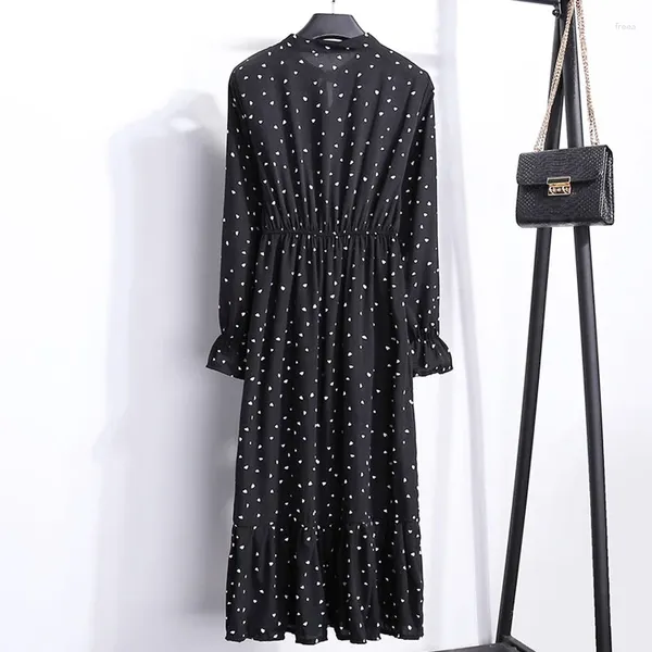 Abiti casual Camicia nera coreana Abiti da ufficio a pois Abiti vintage da donna autunno Donna 2024 Abito midi floreale a maniche lunghe Femal