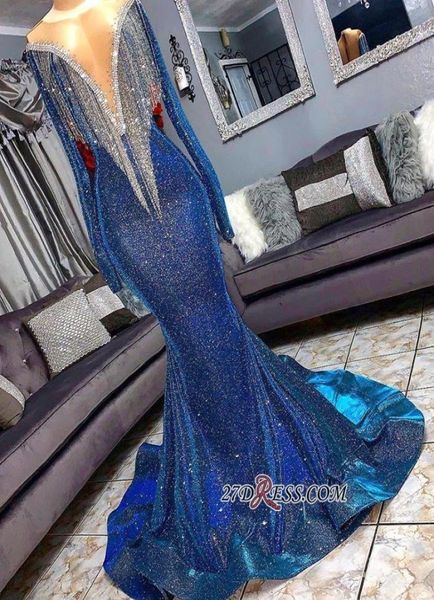 2019 ışıltılı mavi deniz kızı akşam balo elbisesi seksi yansıtıcı kapalı omuz püskülleri uzun resmi parti elbisesi bc13672390632