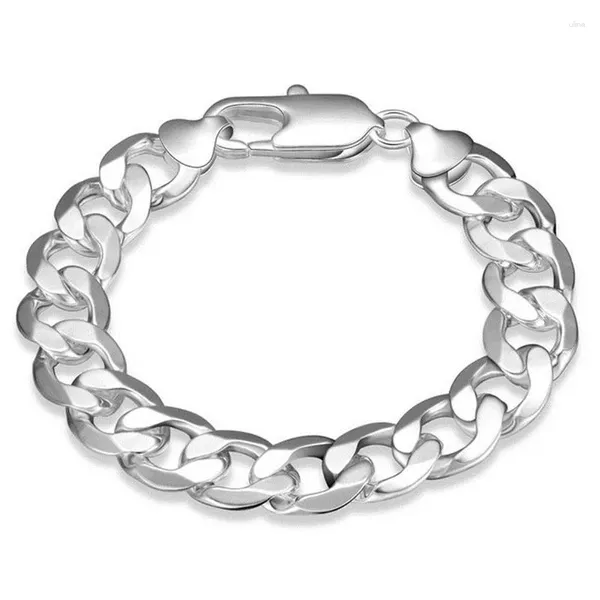 Braccialetti a maglie Catena piatta lateralmente in argento sterling 925 da 12 mm per uomo Gioielli di moda classici per feste di matrimonio selvagge