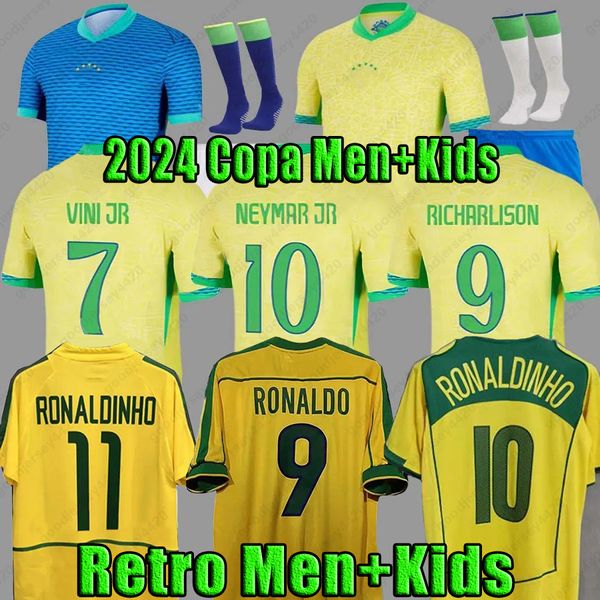 Maglie da calcio Brasile 2024 Copa America Cup BraziLS Maglia retrò VINI JR RICHARLISON PELE 1998 2002 2004 Vintage NEYMAR Ronaldinho camisa de futebol brasil Kit per bambini