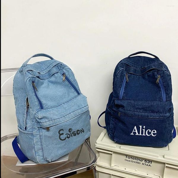 Zaino in denim di grande capacità con nome ricamato personalizzato per ragazzi e ragazze, zaino giornaliero personalizzato da viaggio con qualsiasi nome