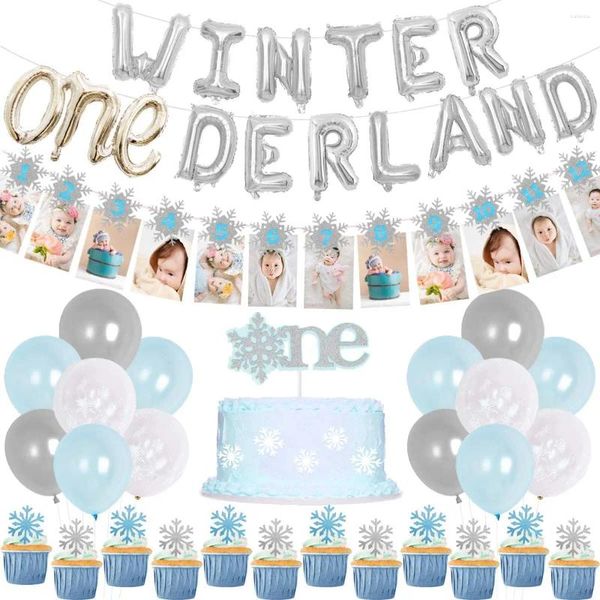 Украшение для вечеринки JOYMEMO, зимние украшения Onederland для первого дня рождения для мальчиков и девочек, синие снежинки, баннер, серебряные воздушные шары