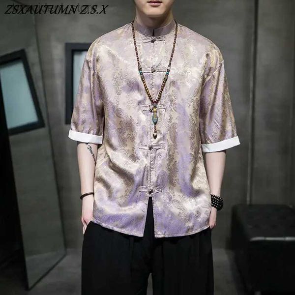 Erkek Polos Yaz İpek Erkek Kısa Kollu Gömlek Çin Tarzı Tang Hanedanlığı Dragon Robe Gençlik Vintage Erkek Gömlek Büyük Gündelik Top L240320