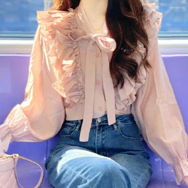 Blusas femininas folha de lótus rosa doce camisa primavera verão moda blusa 2024 estilo coreano renda manga longa com decote em v elegante para mulher