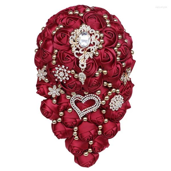 Flores decorativas feitas à mão 18cm luxuoso buquê de casamento seda rosa cristais brilhantes formato de gota de água suporte