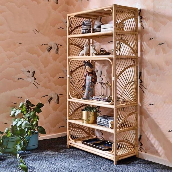 Ripiano da cucina Scaffale da pavimento in canna intrecciata Libreria nordica Semplice semplicità cinese a forma di ventaglio