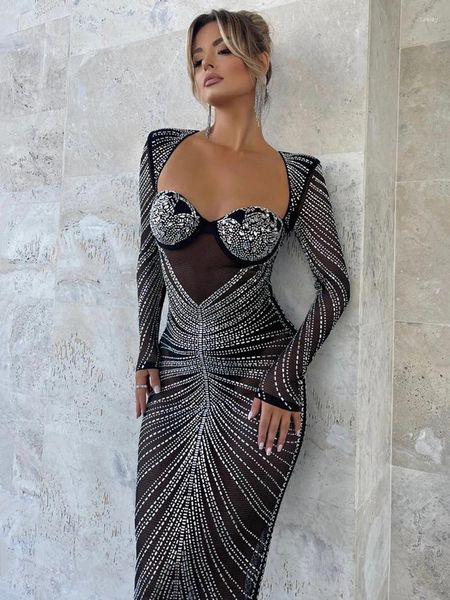 Повседневные платья Mozision, блестящее сетчатое прозрачное вечернее платье макси для женщин, модное облегающее платье с длинным рукавом, сексуальное клубное длинное вечернее платье
