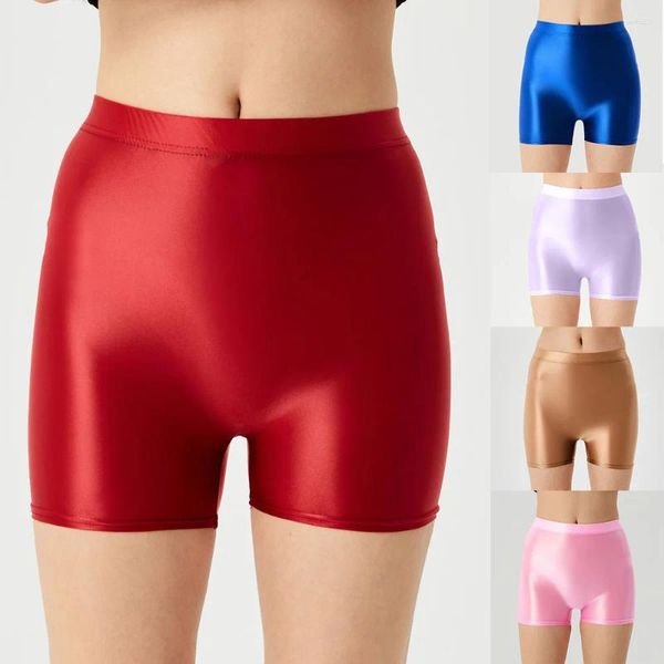 Cuecas de cor sólida boxer briefs óleo brilhante brilhante ginásio shorts leggings troncos cintura alta elástica sem costura boxers calcinha para mulheres homens