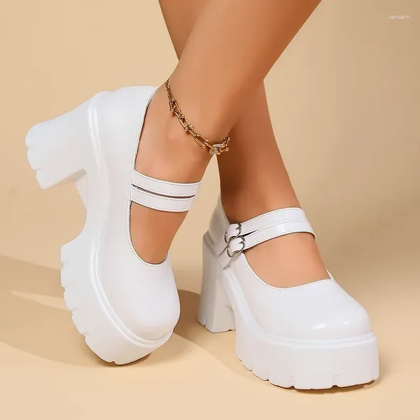 Sapatos de vestido super saltos altos mary jane para mulheres branco patente plataforma de couro bombas mulher tornozelo cinta chunky calcanhar uniforme