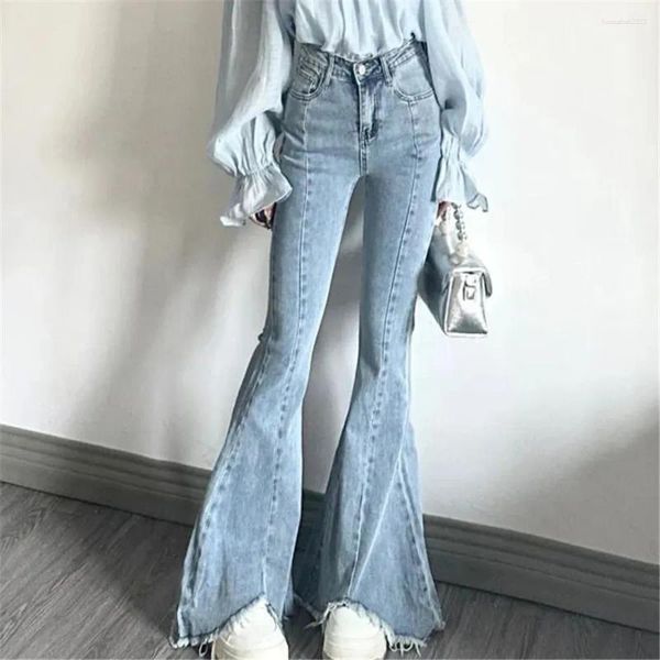 Calças de brim femininas flared mulher vintage cintura alta mulheres magro estiramento denim apertado calça coreano estilo rua calças casuais mais comprimento 2024