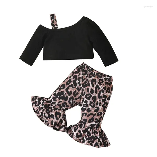 Комплекты одежды для маленьких девочек, летние наряды из 2 предметов, топы с открытыми плечами и длинными рукавами, леопардовый комплект брюк-клеш