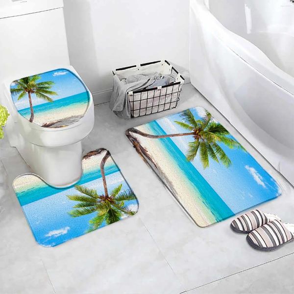 Tapetes de banho Seaside Beach Mat Set Oceano Coco Árvore Havaiana Natureza Cenário Casa Tapete Decoração de Banheiro Tapetes antiderrapantes Tampa de banheiro