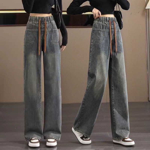 Цементно-серые широкие джинсы для женщин, весна и осень 2024, новые прямые брюки с высокой талией, большой размер, с эластичной резинкой на талии