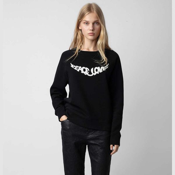 Mulheres zadig voltaire Hoodies Moletons inverno novo nicho francês ZV wing print clássico mangas raglan preto em torno do pescoço de algodão feminino suéter