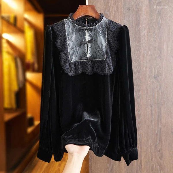 Damenblusen, hochwertiges schwarzes Seidensamt-Hemd im chinesischen Stil für Frauen, Spitze, gespleißter Kragen, lange Ärmel, modisches und elegantes Oberteil M-XL