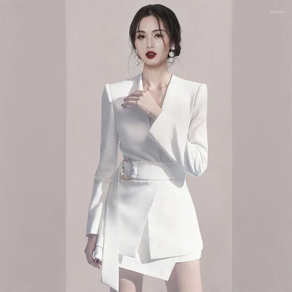 Vestidos de trabalho feminino conjunto de saia de carreira de escritório primavera de alta qualidade coreano curto com decote em v de manga comprida vestido blazer branco 2 peças preto