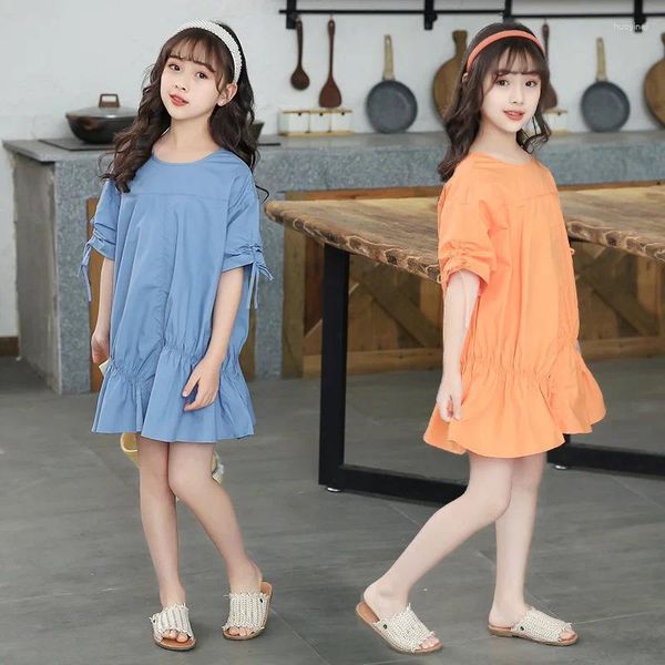 Mädchen Kleider JUCPKID 2024 Koreanische Sommer Junior einteiliges Kleid Kinder Baumwolle Kuchen Süße Bowknot Elegante