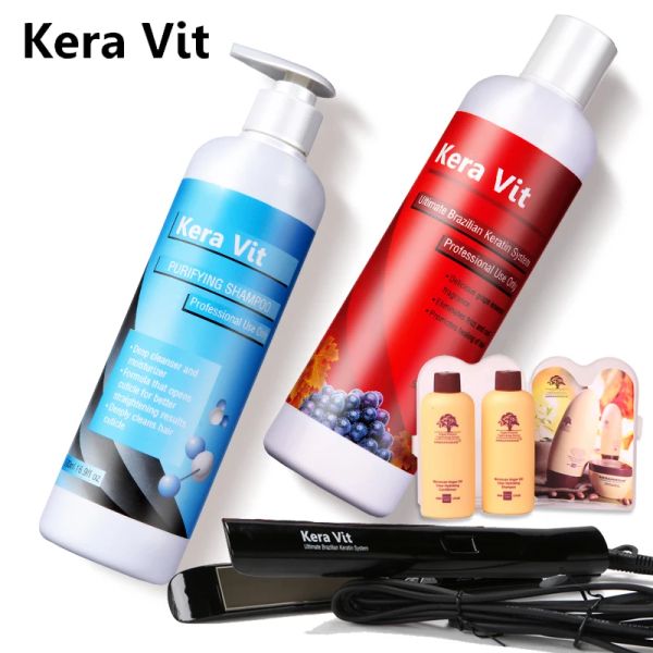 Conjuntos de efeito incrível Kera Vit 500ml Purfying Shampoo + 500ML 5% N Tratamento de Queratina Cabelo + Ferro de Cabelo + Pequenos Presentes Grátis