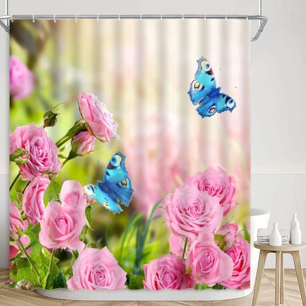Chuveiro cortinas primavera cortina floral paisagem borboleta botânica folha rio fazenda moderna casa tecido de poliéster decoração do banheiro