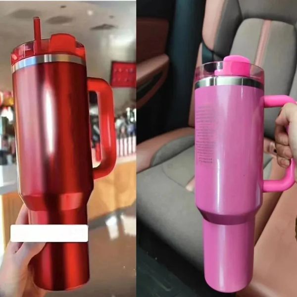 SATIN KUYU 40OZ Söndürücü Tumblers CO Markalı Parlak Pembe Kırmızı Kupalar Silikon Saplı 2. Nesil Araba Kupaları 0324