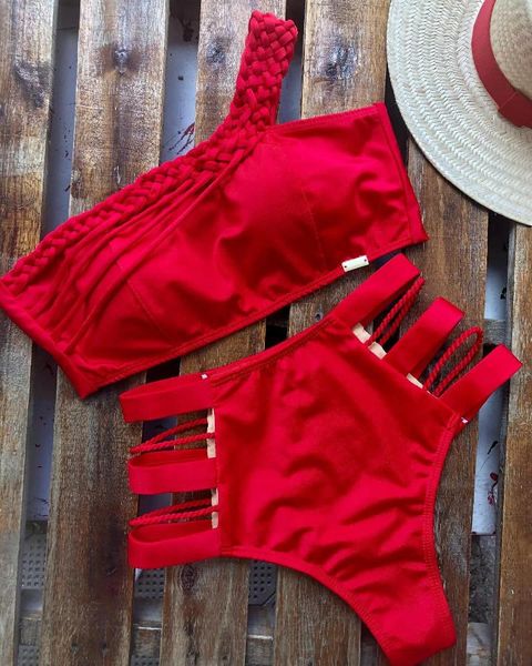 Frauen Bademode 2024 Sexy Hohe Taille Bikini Set Eine Schulter Badeanzug Geflecht Bandage Badeanzug Vintage Beachwear Ausflug