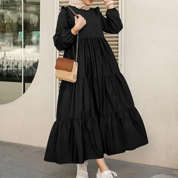 Vestidos casuais mulheres puff manga longa babados guarnição muçulmano maxi balanço vestido plissado em camadas flare hem cor sólida solto abaya hijab vestido