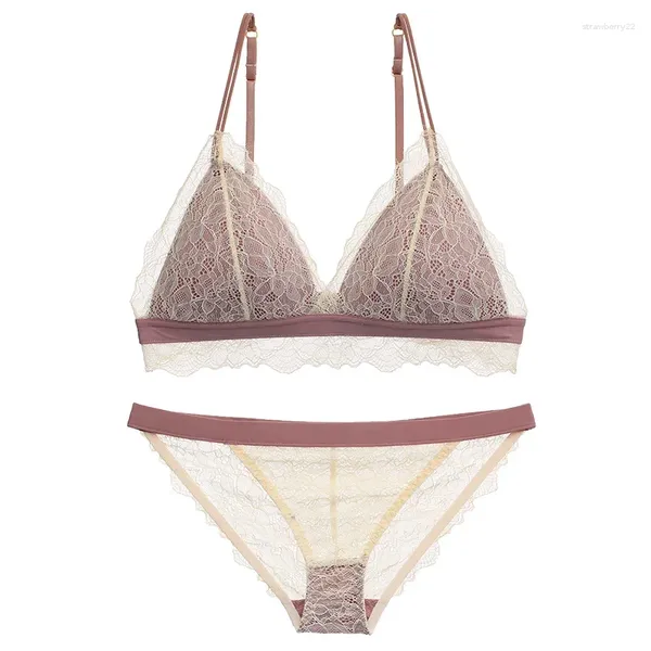 Conjuntos de sutiãs estilo francês lingerie romântica calcinha terno completo laço fino copo roupa interior menina sem anel de aço pequeno peito reunir sutiã briefs conjunto