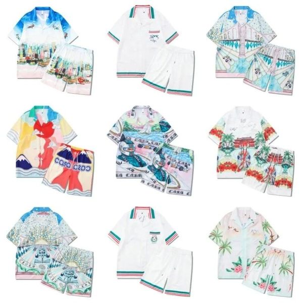 Tute da uomo 2024 Tennis Fiori Strisce Uomo Donna Set corto T Shrt Hawaii Beach Style Suit Camicia Hip Hop Pantaloncini Coppia abiti