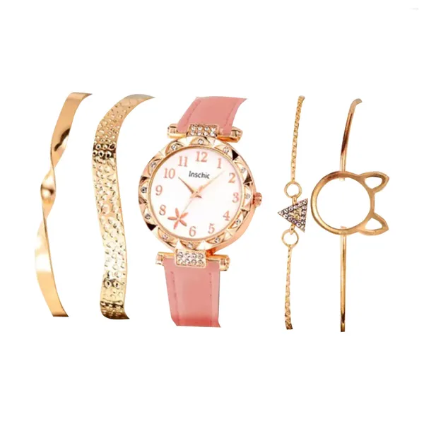 Orologi da polso Set da 5 pezzi Orologi da donna d'affari di moda Abito da donna Orologio da polso al quarzo in pelle Orologio da polso elegante e carino