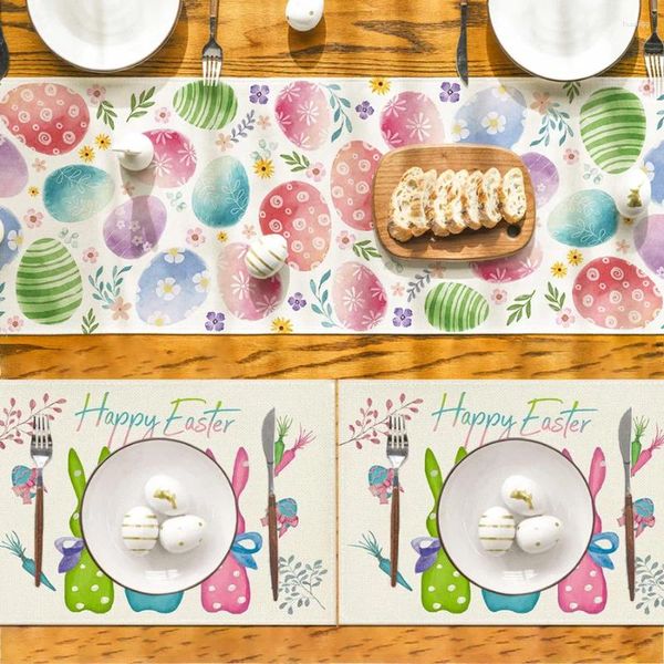 Tovagliette Buona Pasqua Tovaglietta in lino Uova Stampa floreale Runner Decorazioni per feste per la decorazione domestica 2024