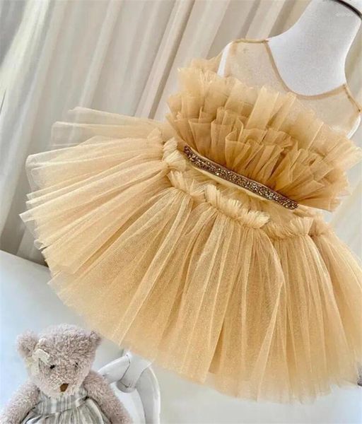 Mädchenkleider Maßgeschneidertes Puffy-Kleid aus Champagner-Tüll mit Rüschen, Tutu-Kleid für den ersten Geburtstag, Blumen-Hochzeitsfeier-Abschlussballkleider