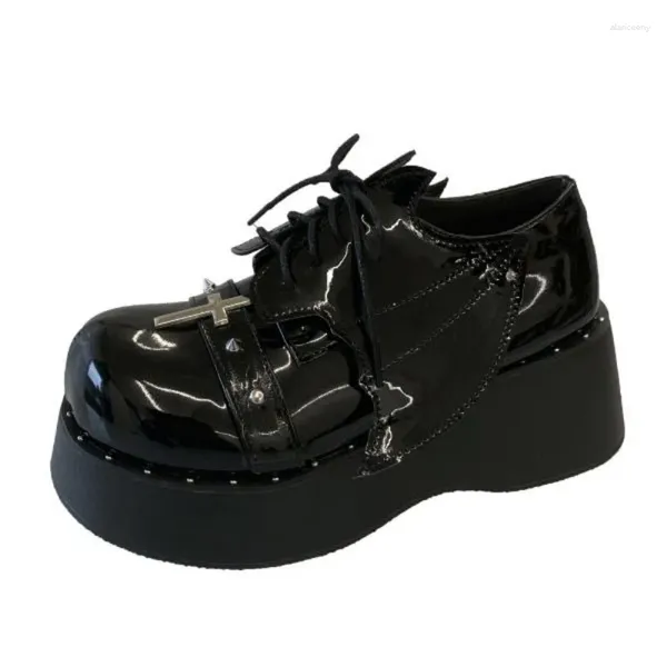 Sıradan Ayakkabı 6cm Toka Punk Gotik Kadınlar Moda Zinciri Tıknaz Platform Mary Janes Kadın Siyah Perçin Ayak Bileği Kayış Kama Pompaları