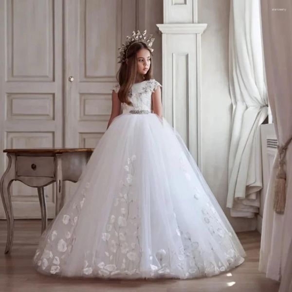 Abiti da ragazza Abito da sposa in tulle di pizzo con applicazioni di fiori per matrimonio Abito da banchetto senza maniche gonfio per prima comunione Cintura gioiello Principessa per bambini