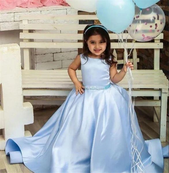 Mädchen Kleider Blau Satin Blume Kleine Prinzessin Ballkleid Für Hochzeit Rückenfreies Erstkommunion Kleid Festzug Kleider