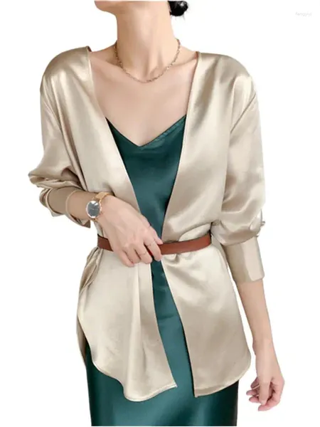 Cardigan de manga comprida de cetim sólido temperamento de malhas femininas para mulher 2024 elegante e bonito casaco fino