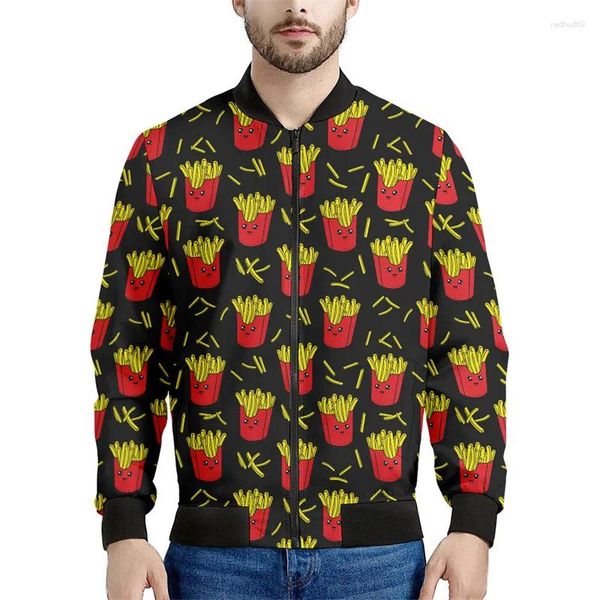 Jaquetas masculinas dos desenhos animados batatas fritas jaqueta gráfica para homem 3d impresso zíper casual solto casaco primavera outono zip up bomber moletom