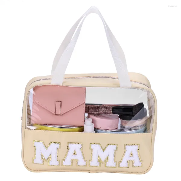 Sacos cosméticos femininos de higiene pessoal grande saco de viagem para mulheres organizador de maquiagem clara carta mama caso bolsa de armazenamento tote