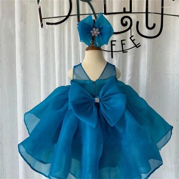 Vestidos de menina lindos feitos à mão para bebês, vestidos de primeiro aniversário com laço grande, organza inchada, transparente, gola redonda, vestido de princesa flor, roupa infantil