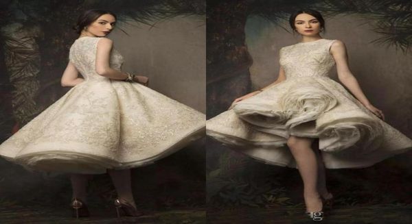 Krikor Jabotian High Low Tea Leagth Платья невесты с жемчужным вырезом и кружевом Винтажные блестки Короткое свадебное платье Свадебные платья9573185