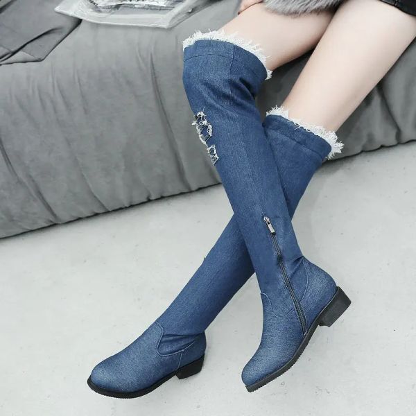 Сапоги New Series Fashion Ruped Denim Женщины на коленях комфортные плоские каблуки зимние женские длинные ботинки Half Zip Ladies Boots