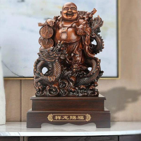 Resina chinesa rindo estátua de buda quatro estilos de sorte dragão tartaruga buda arte moderna escultura decoração para casa 240323