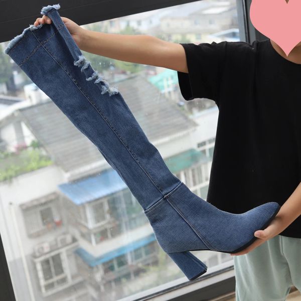 Bot Moda Diz Yüksek Denim Kadın Botlar Saçımlı Toe Gladyatör Topuklu Uzun Bot Yüksek Topuk Kırık Delikler Jean Ayakkabı Kadın Ayakkabı