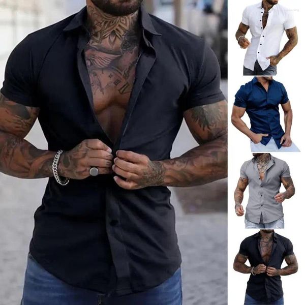 Мужские повседневные рубашки, мужские приталенные рубашки, стильная летняя рубашка с отложным воротником, короткими рукавами, дышащая, деловая, для торжественных случаев