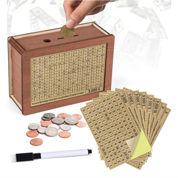 Boxen Retro Holzschweinchen Bank für Holzgeld Box mit Counter Decor Marker Sparziel Zahlen Japanische Moneybox -Aufbewahrung Erwachsener Geschenk