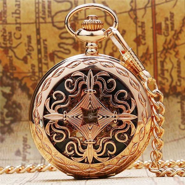 Grilhas chinesas de ouro rosa de luxo Design Design Pocket Pocket Wind Wind Wind Mechanical Clock Pingente Chain Presente para homens Reloj de Bolsillo